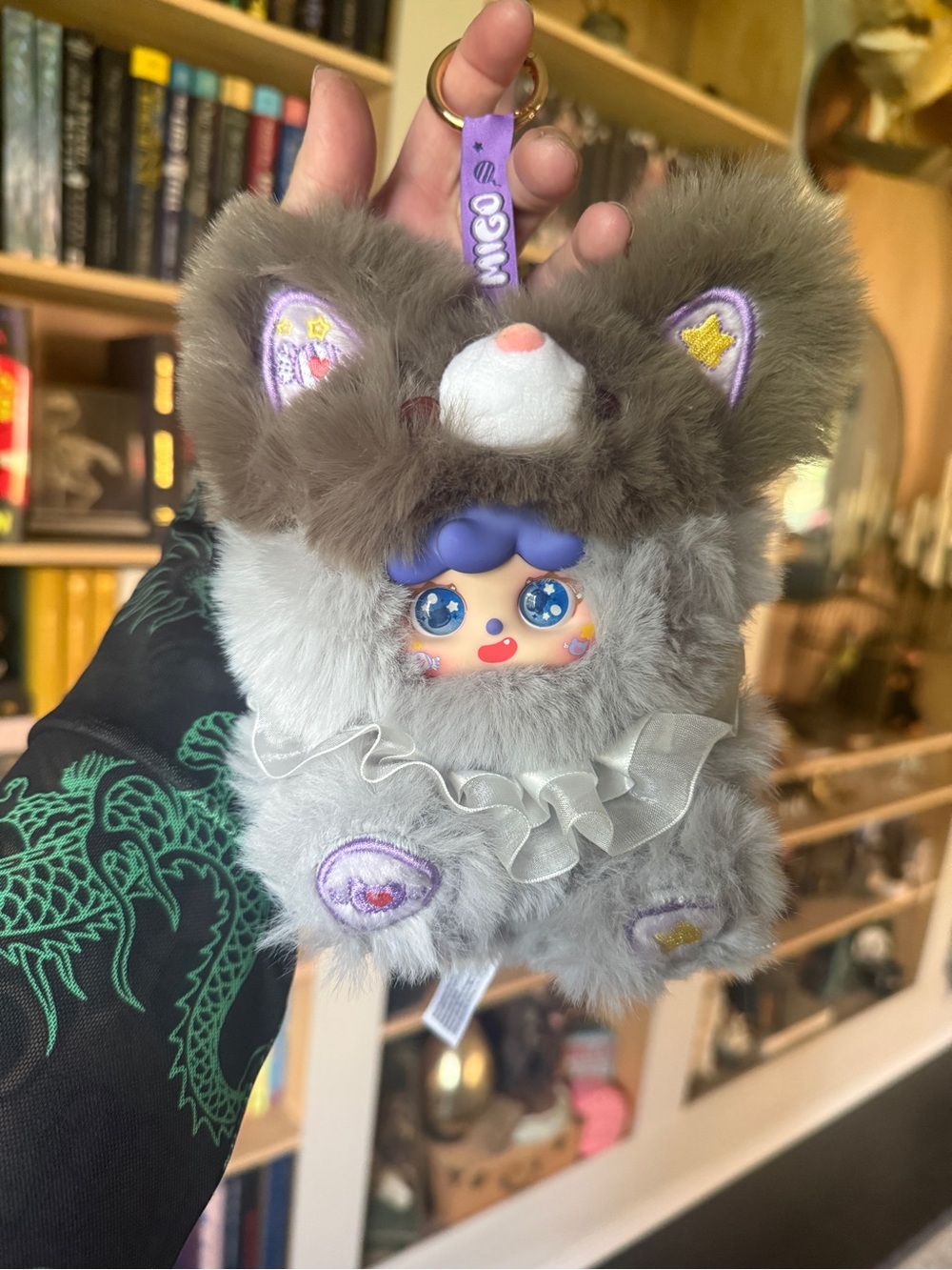 Migo garden cake Plush Keychain Bag Charm - Gray Fur with Purple Accents